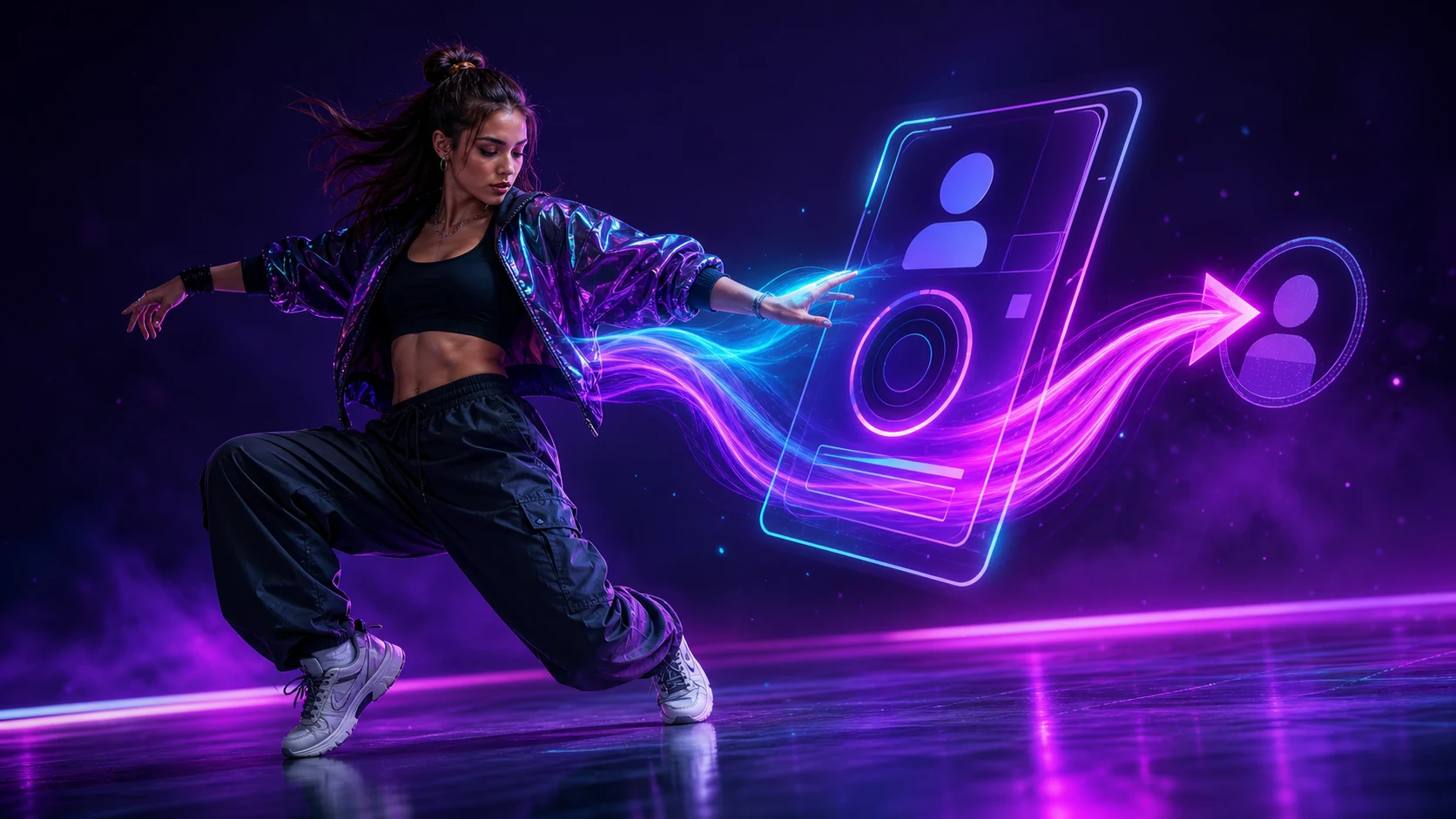 Hyperrealistic solo dancer beside abstract challenge-send visuals.
