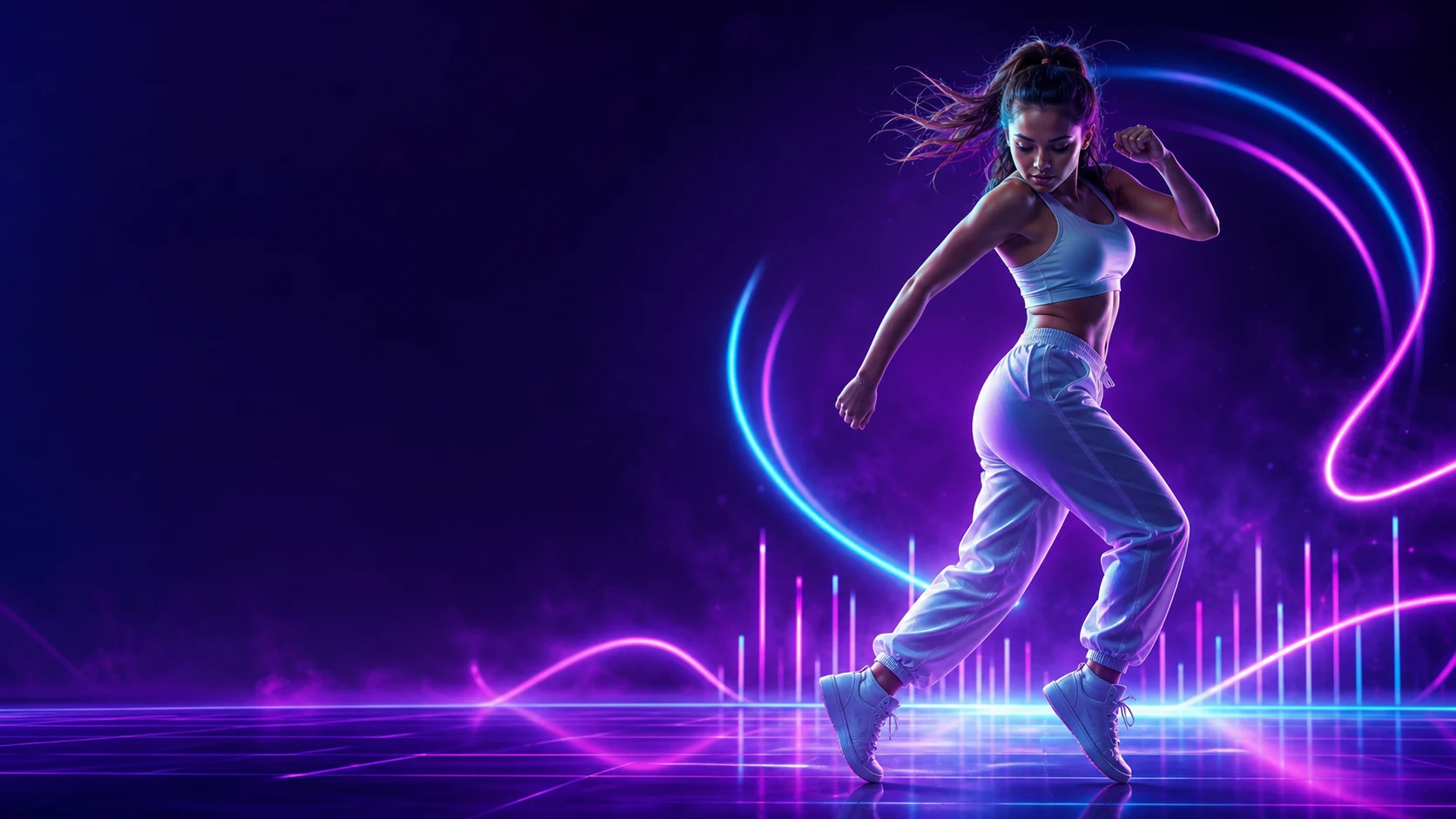 Hyperrealistic solo dancer on a neon dance floor.